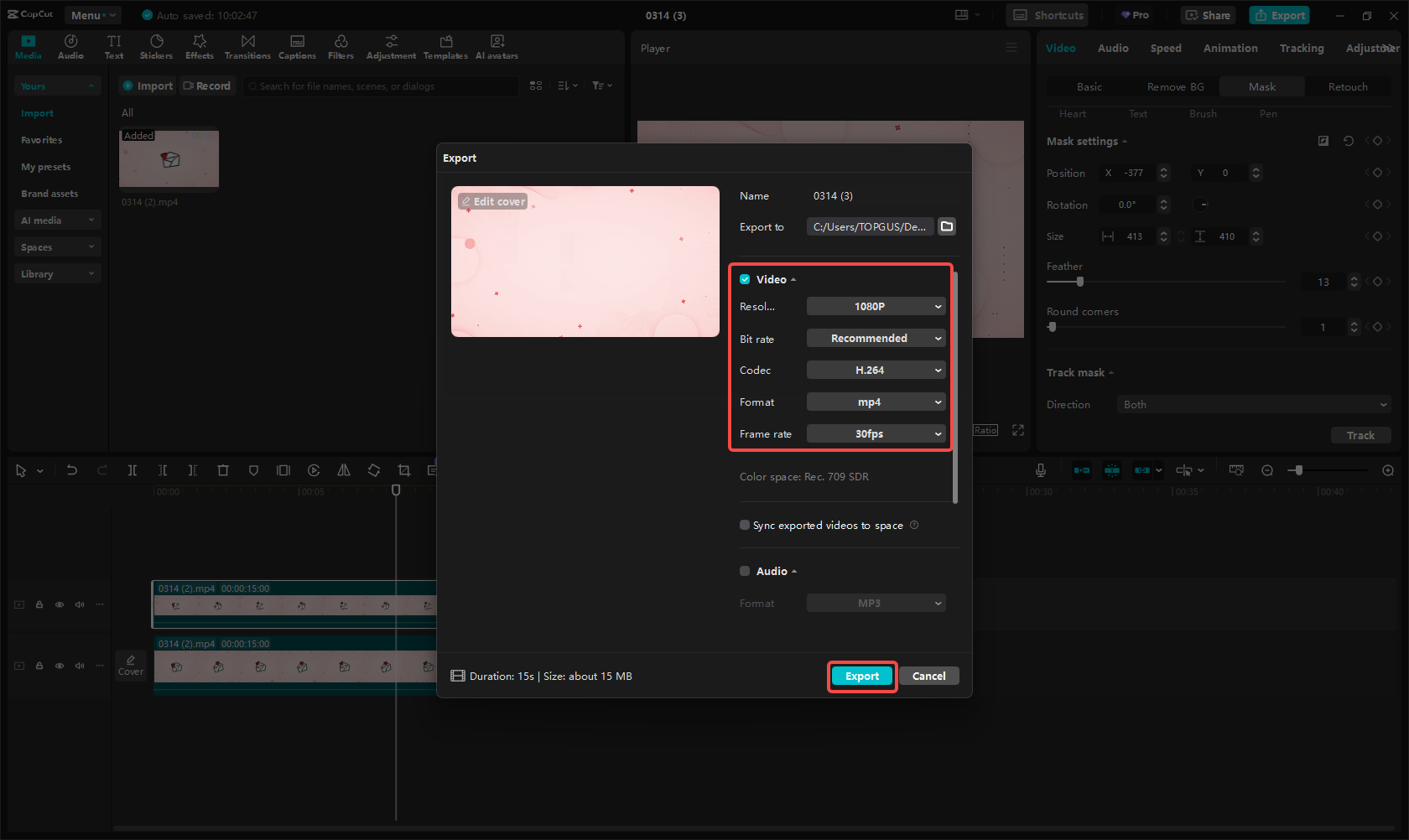 Exporting the video in CapCut