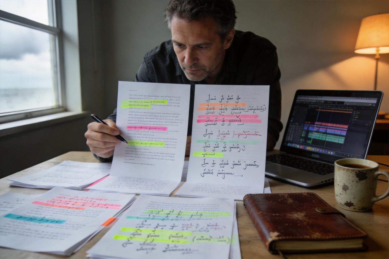 Man reviews highlighted multilingual script pages beside a laptop with video editing timeline