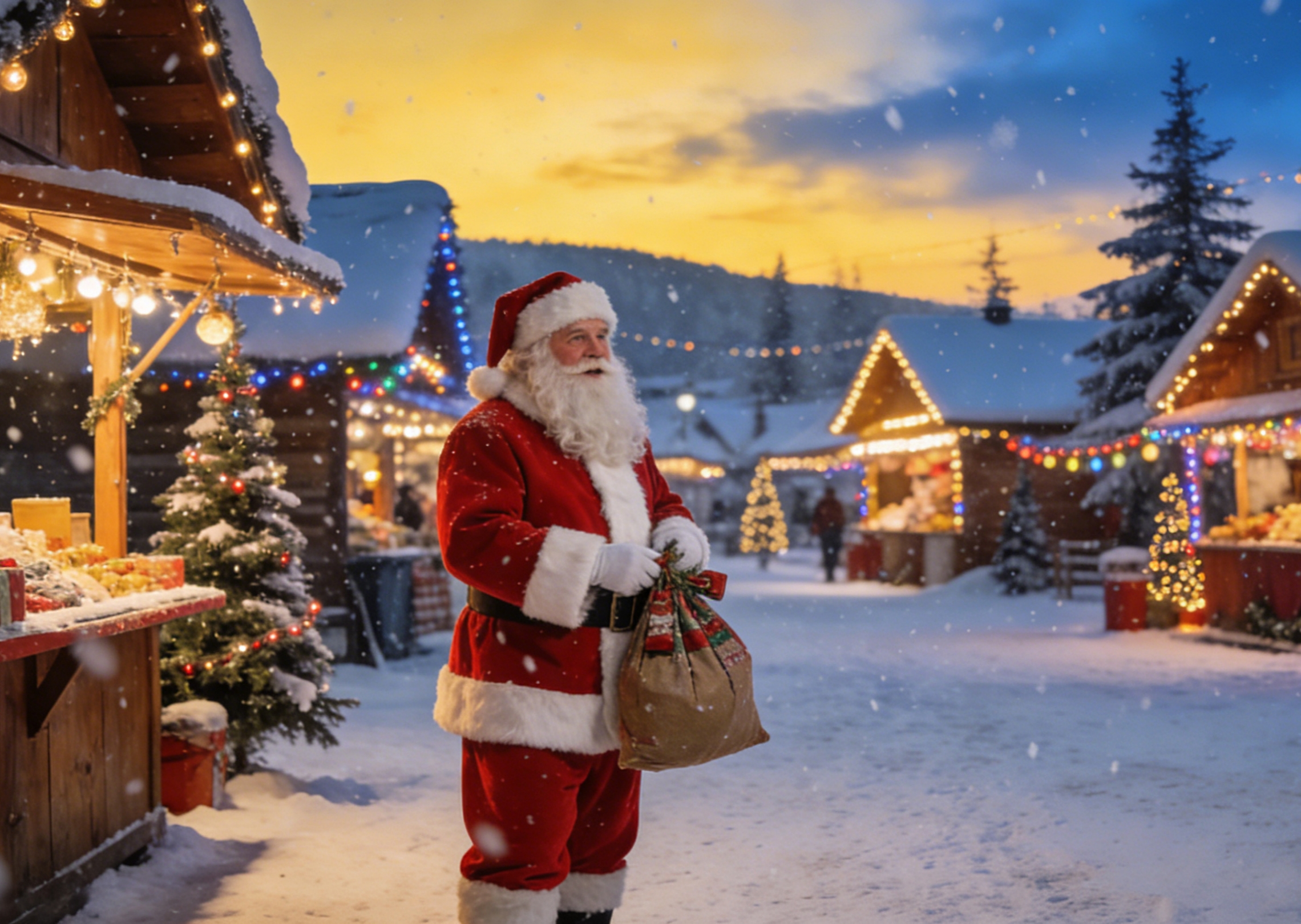 Santa posing outdoors in snow, village square