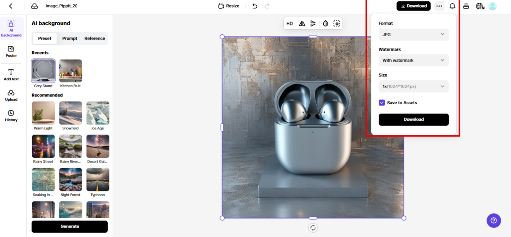 Exporting images from Pippit