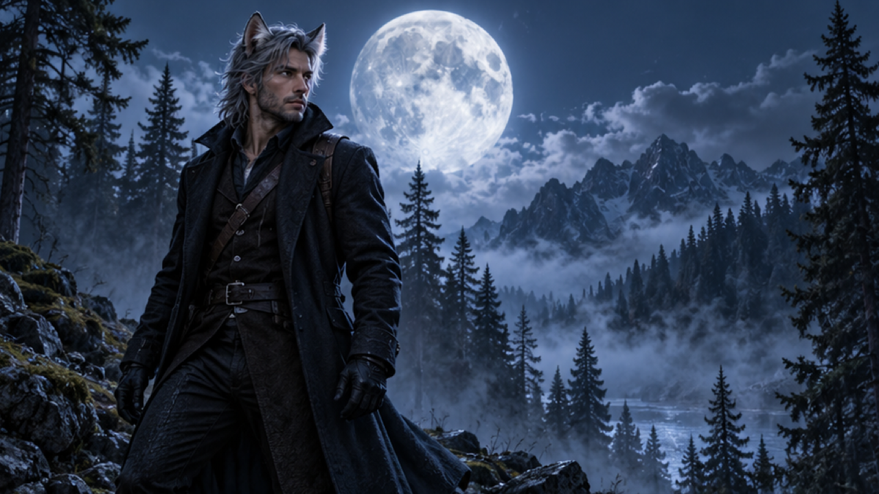 An adult explorer in a dark coat, recognizable human face with subtle wolf ears and silver fur, misty pine forest, enormous full moon, cinematic blue rim light