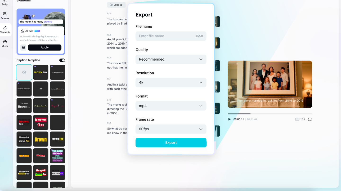 CapCut free AI video generator editor workspace