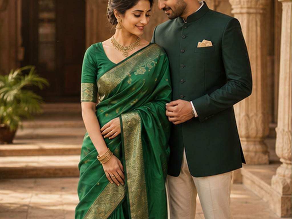 Couple Saree Prompts prompt example 1 - Emerald courtyard portrait