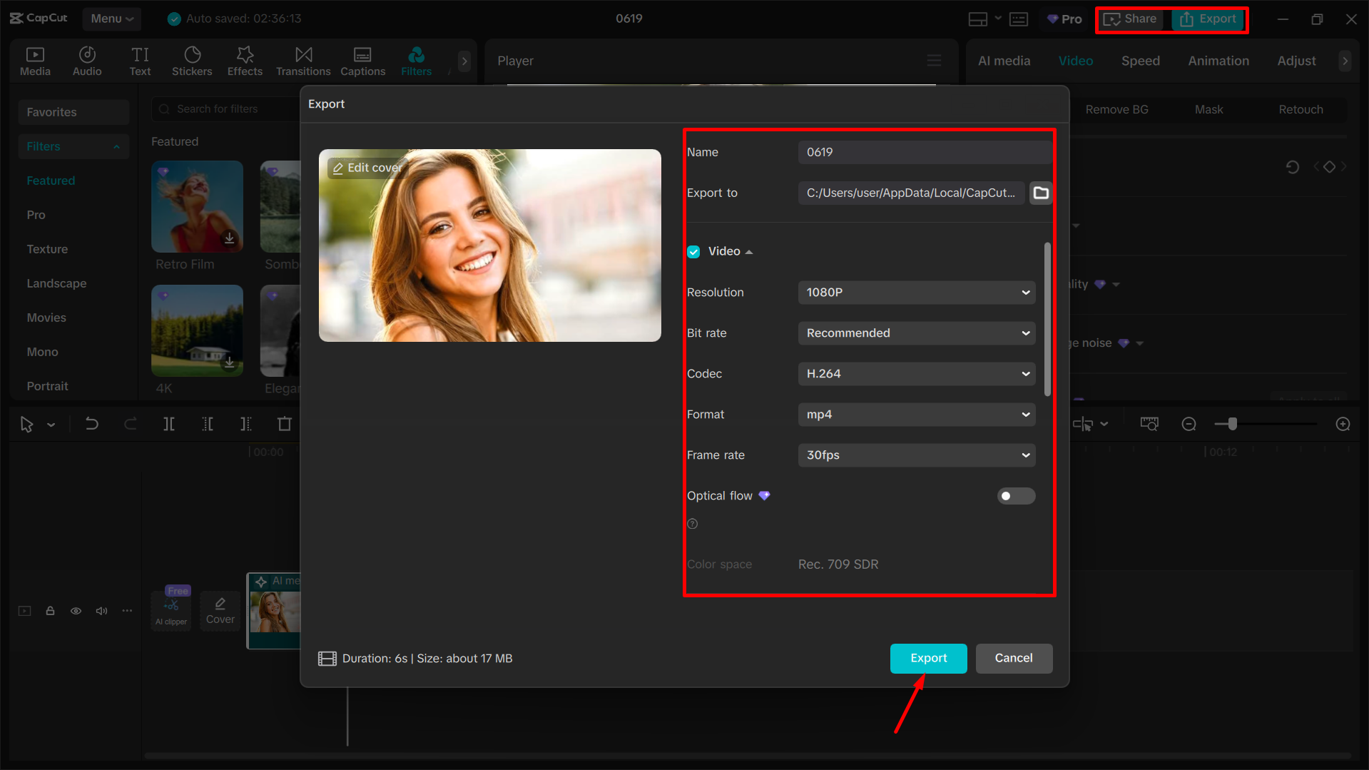 Exporting the media from the CapCut desktop video editor