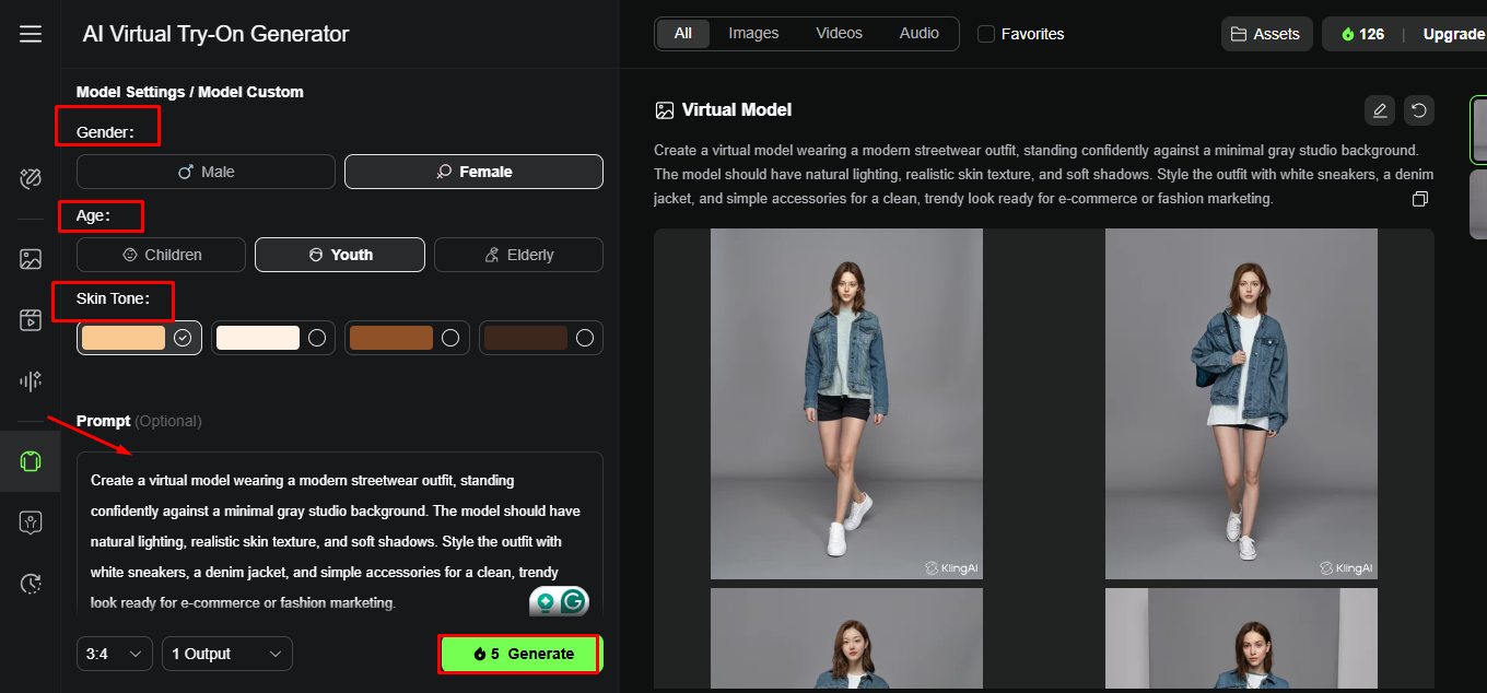 Kling AI  virtual model wearing a digital try-on of a clothing product