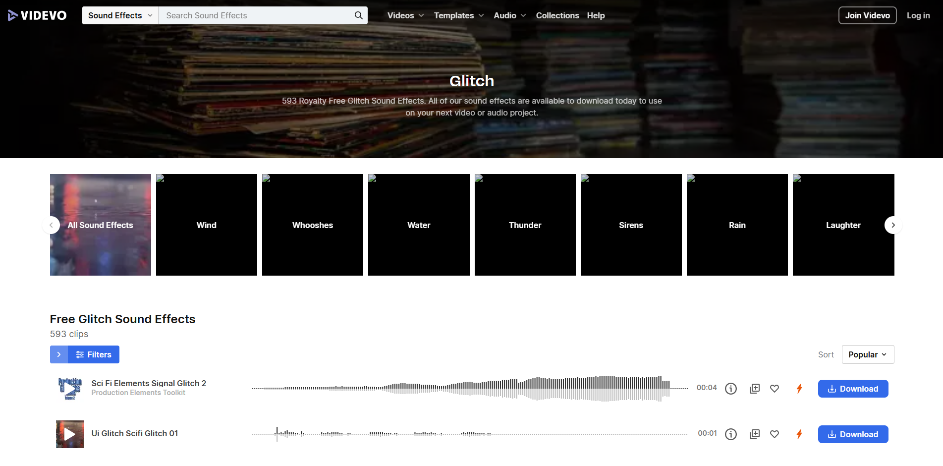 Interface of Videvo - another resource for free TV glitch sound effects