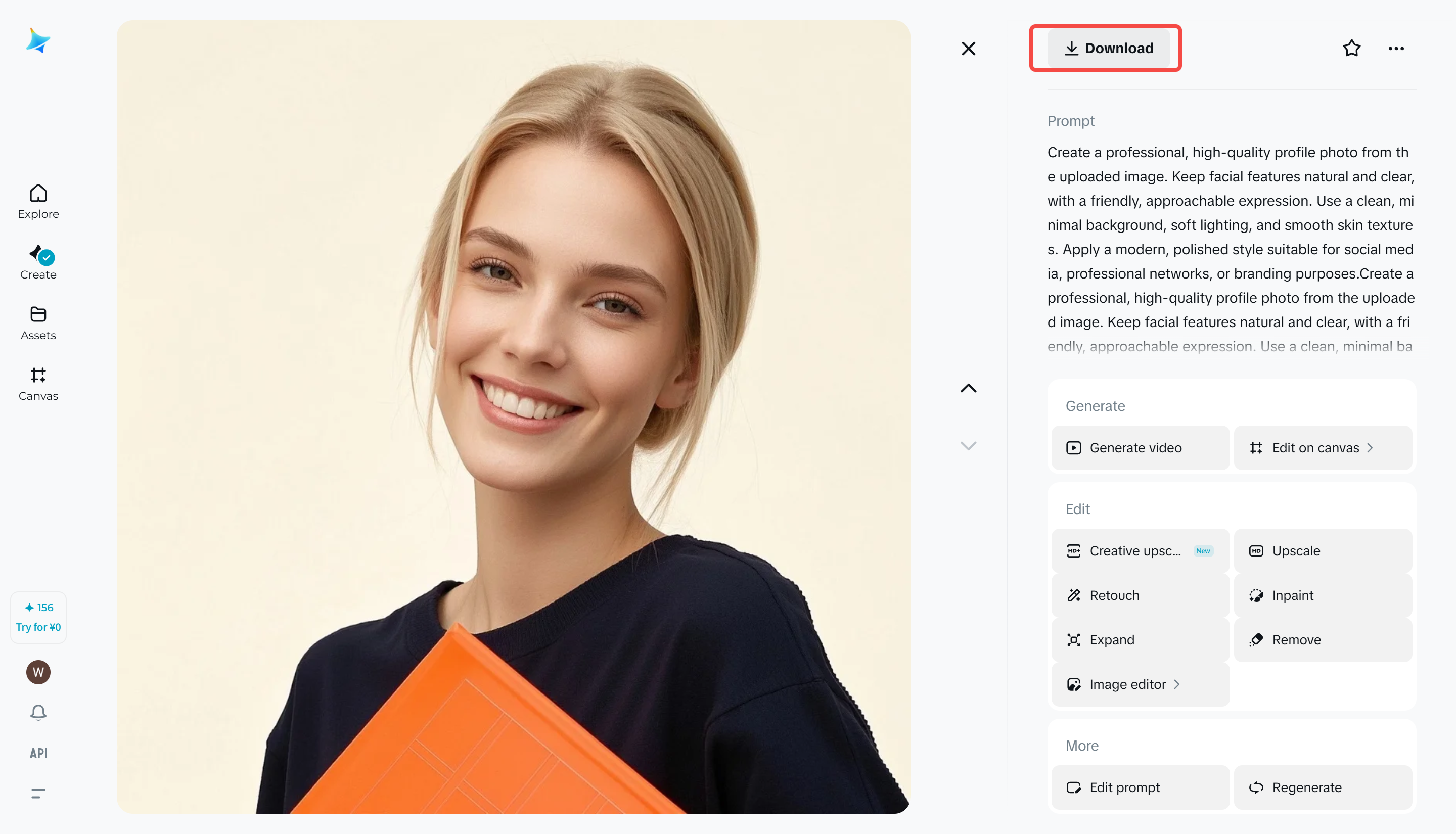 Interfață Dreamina care prezintă opțiuni de descărcare pentru fotografii de profil generate și partajarea pe rețelele sociale, profesionale sau platforme de jocuri
