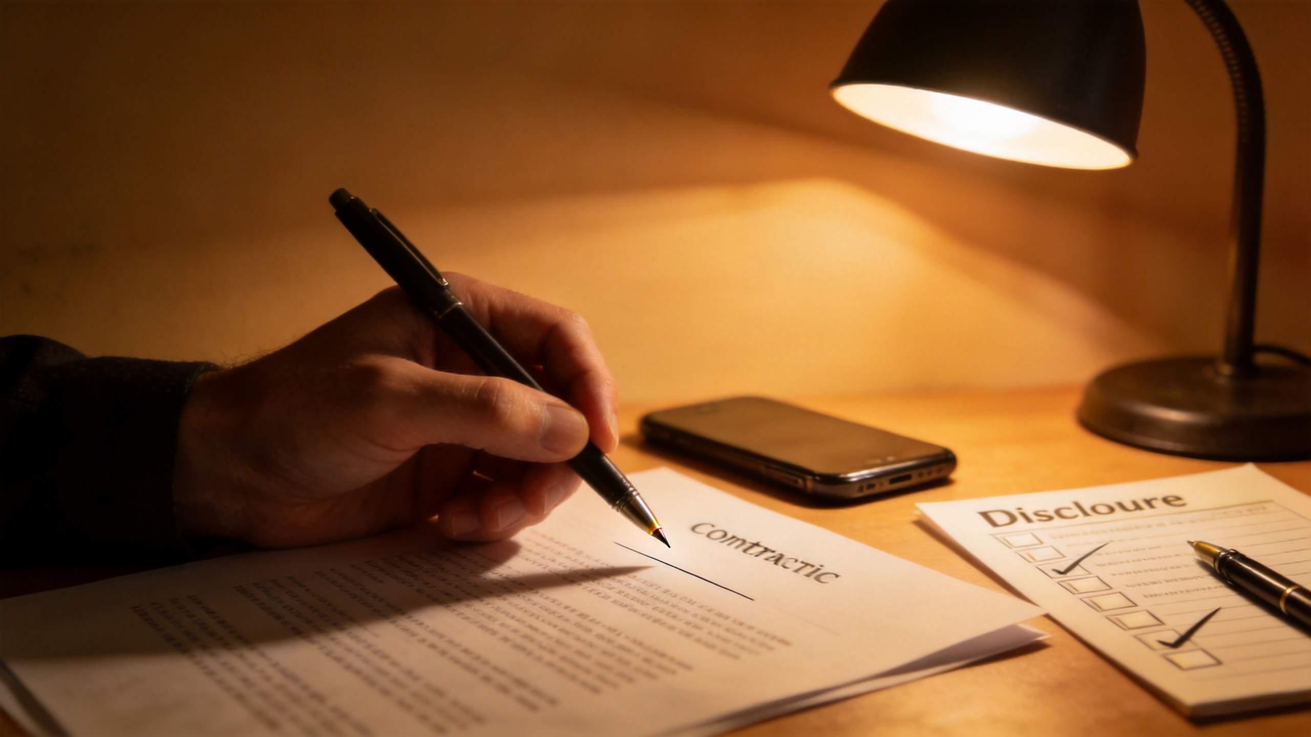 Hand signing a contract beside a phone and disclosure checklist under a desk lamp