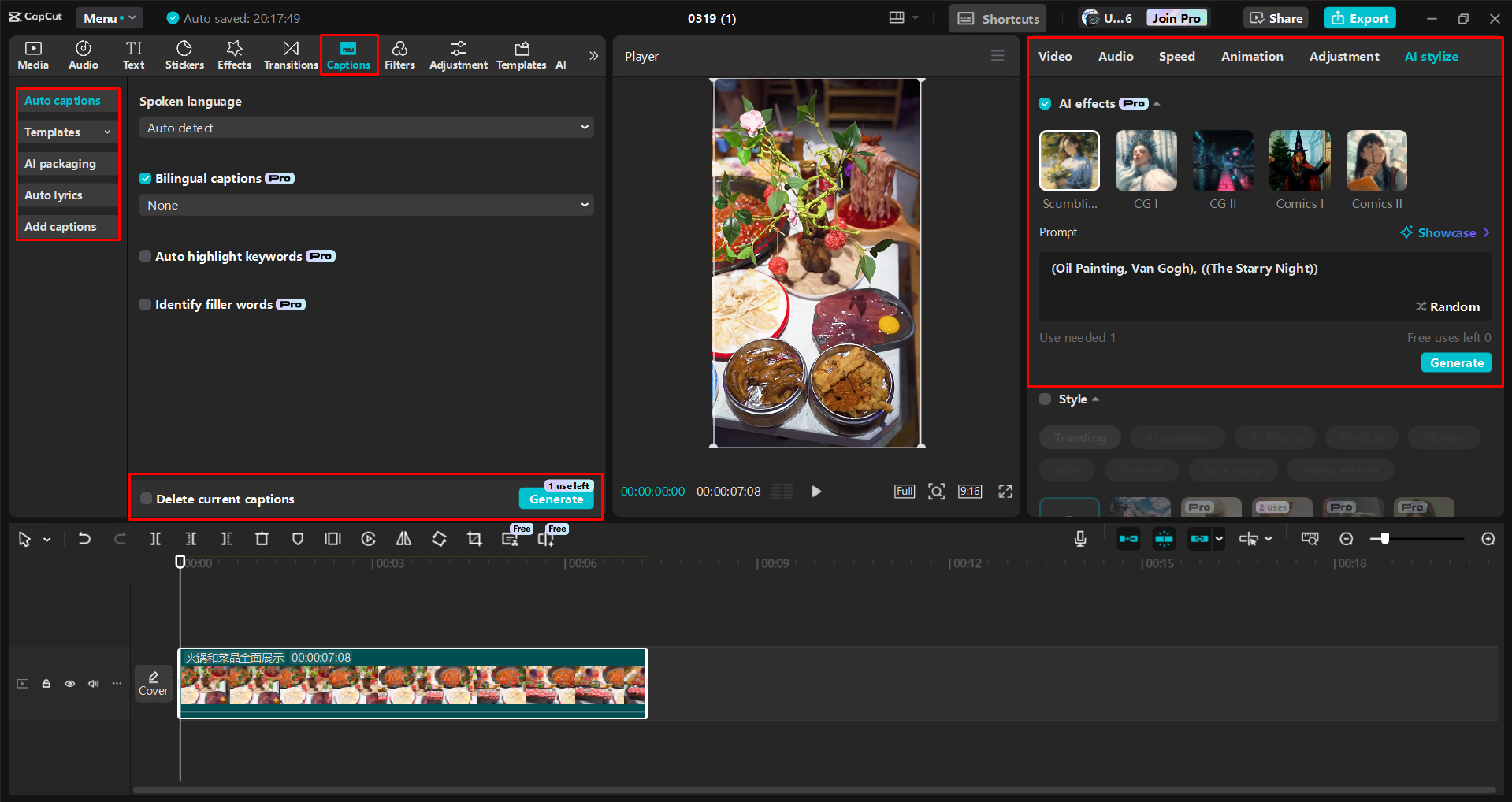 Editing and enhancing a YouTube Short with food in the CapCut desktop video editor