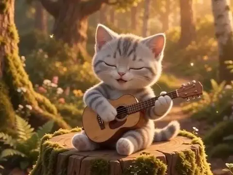 Gray kitten plays a small guitar on a mossy tree stump in a sunlit forest, while two deer watch