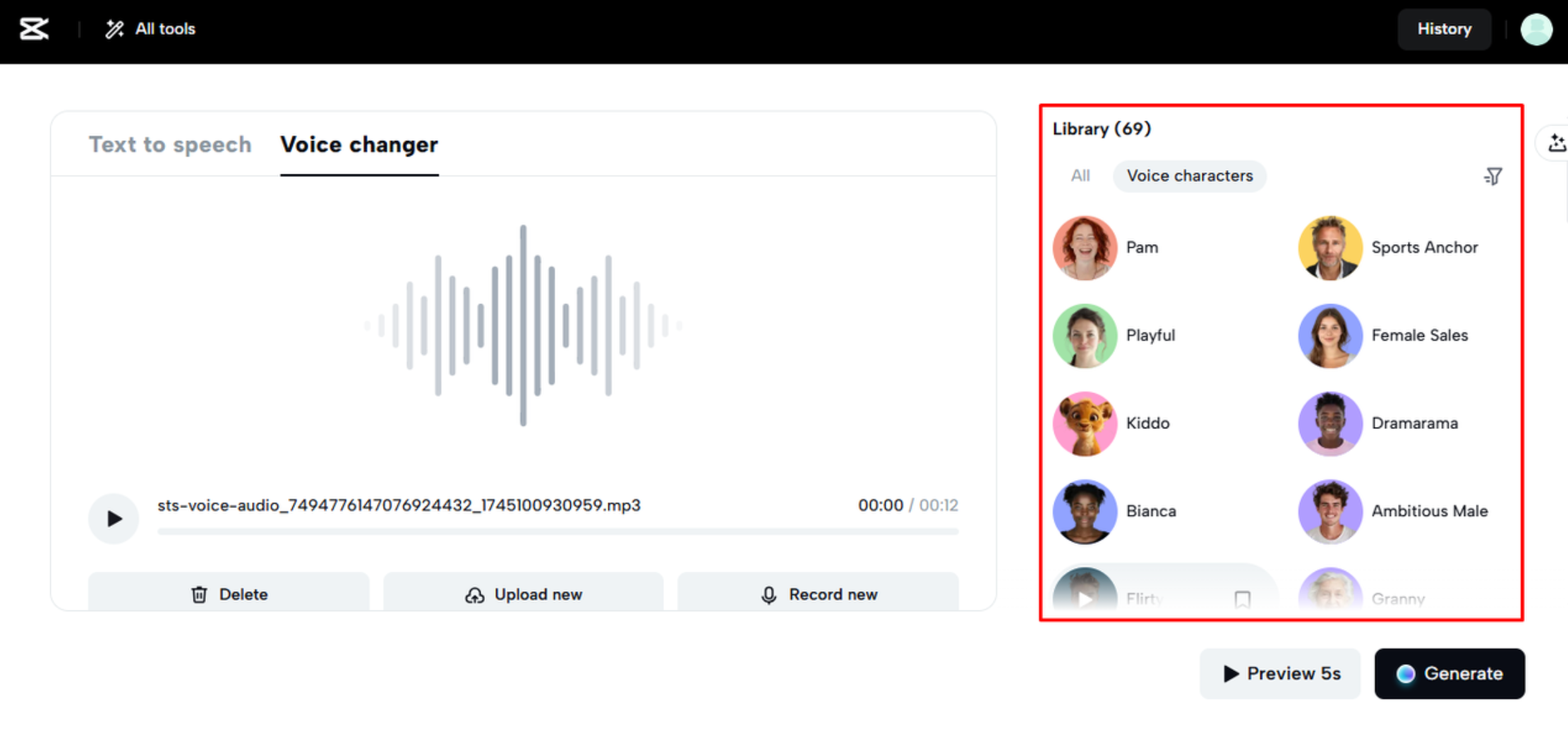 Knihovna hlasových efektů na webu CapCut