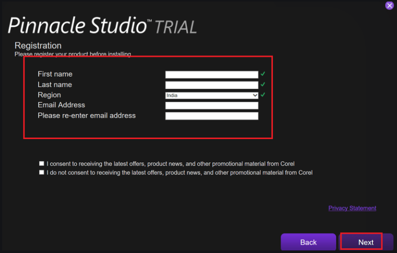 Ingresando los detalles de registro en el Pinnacle Studio