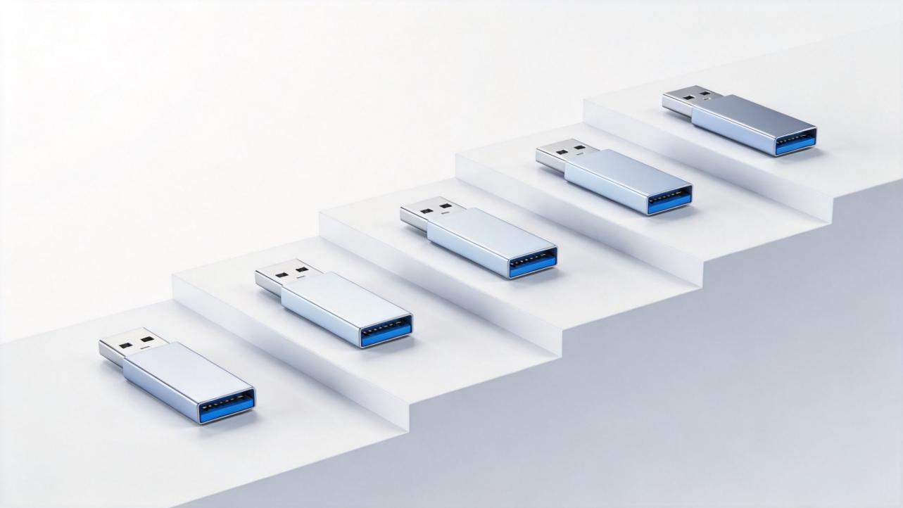 Five USB flash drives arranged on ascending white steps