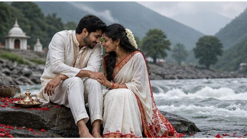 Traditional Indian Couple Riverside AI Image Prompt example 1