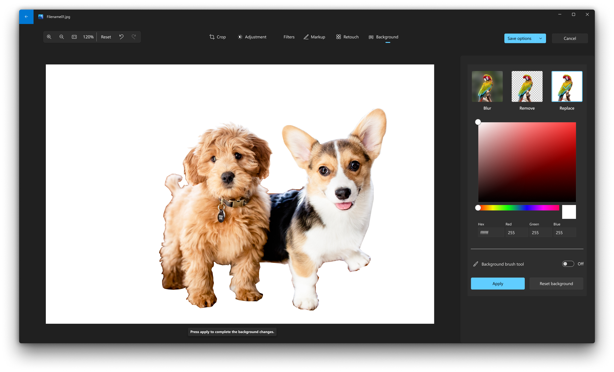 Interface van de foto-editor van Microsoft Office