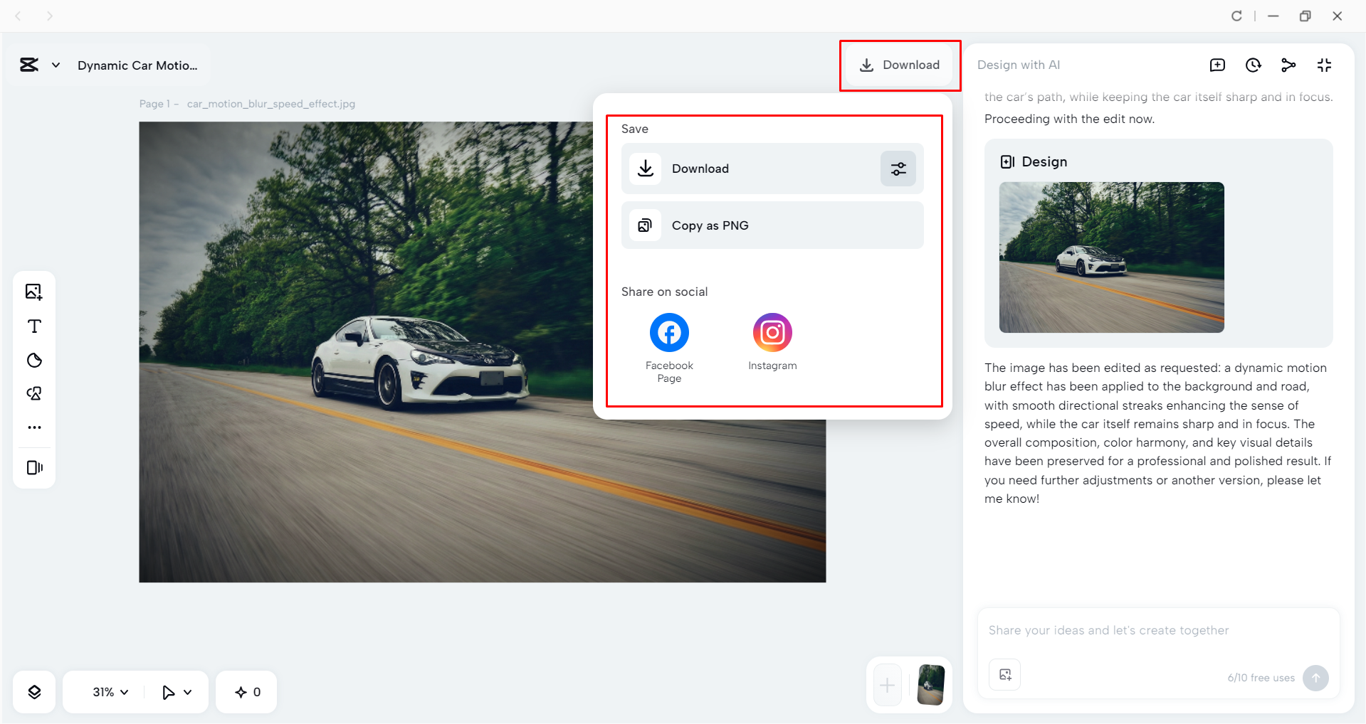 Downloading the image from the CapCut desktop video editor