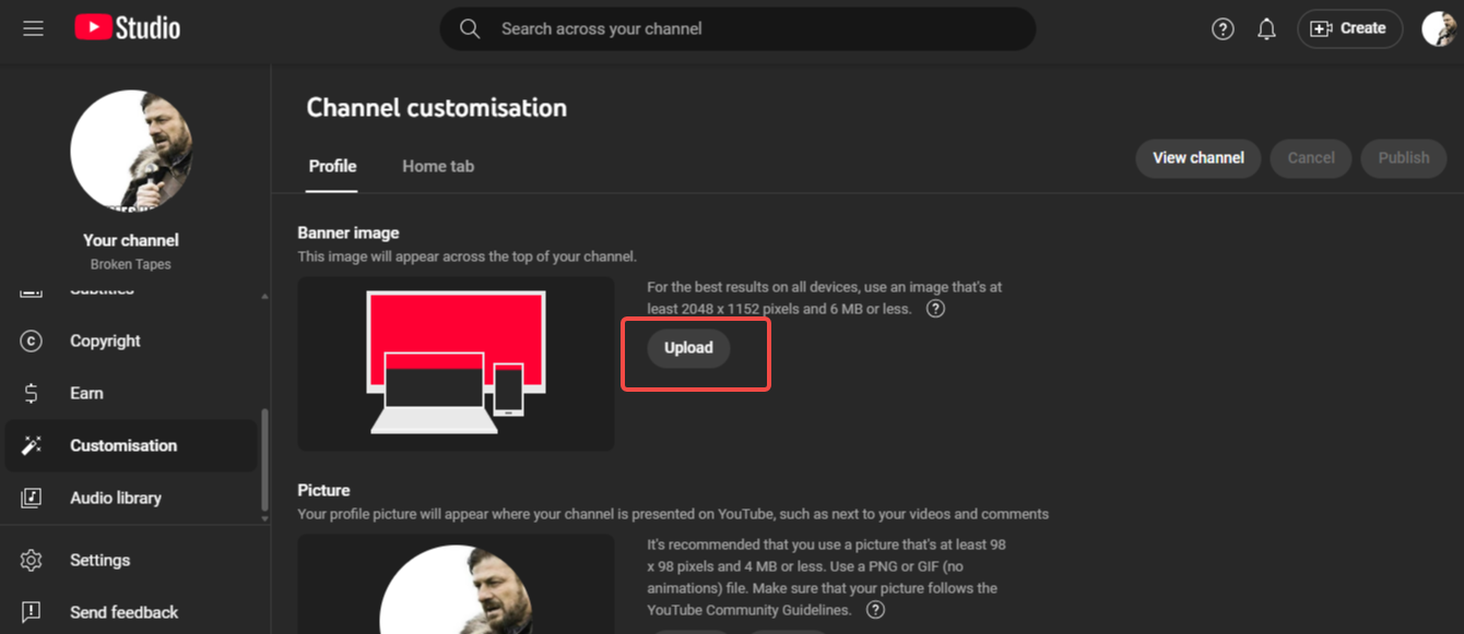 Upload your banner image to your channel