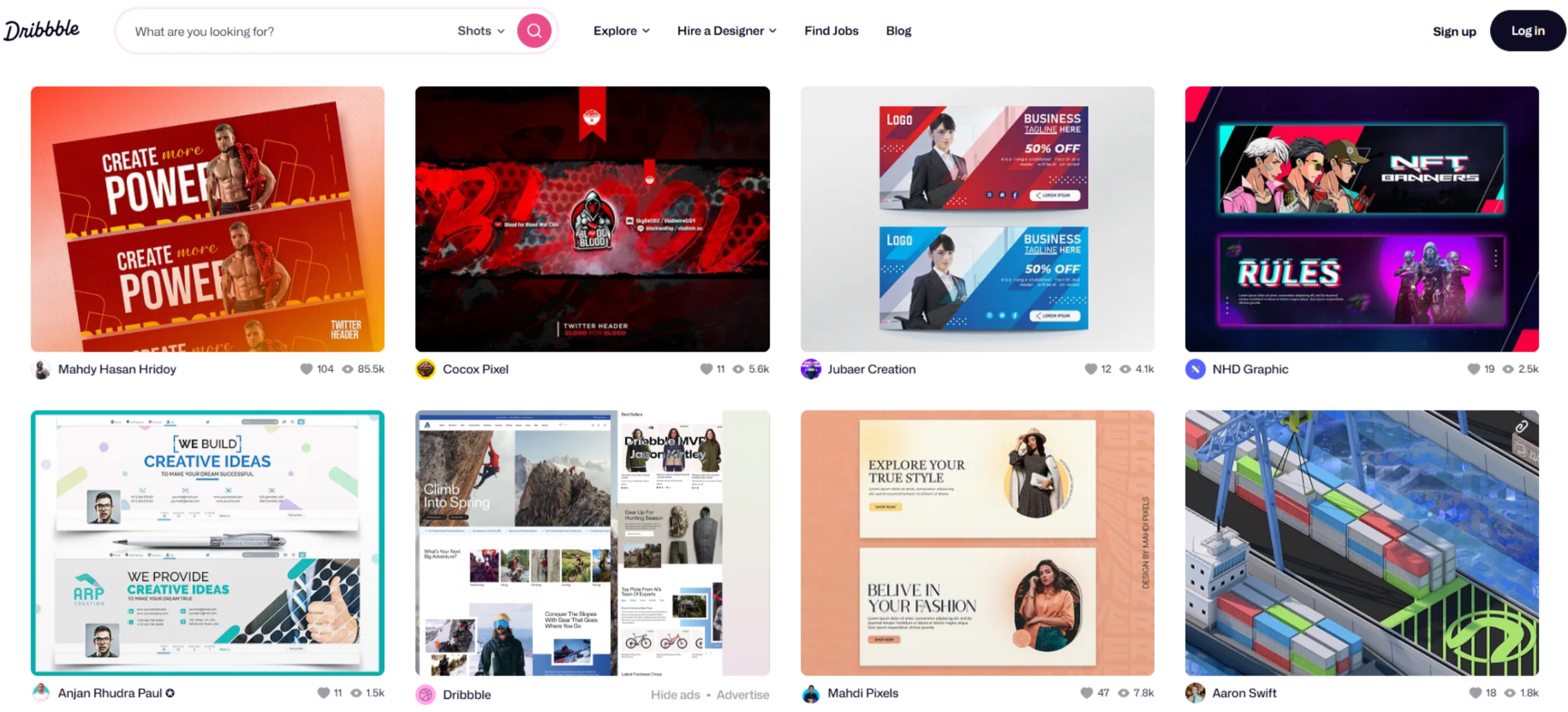 Interface of Dribble - the most liked place to find Twitter header templates