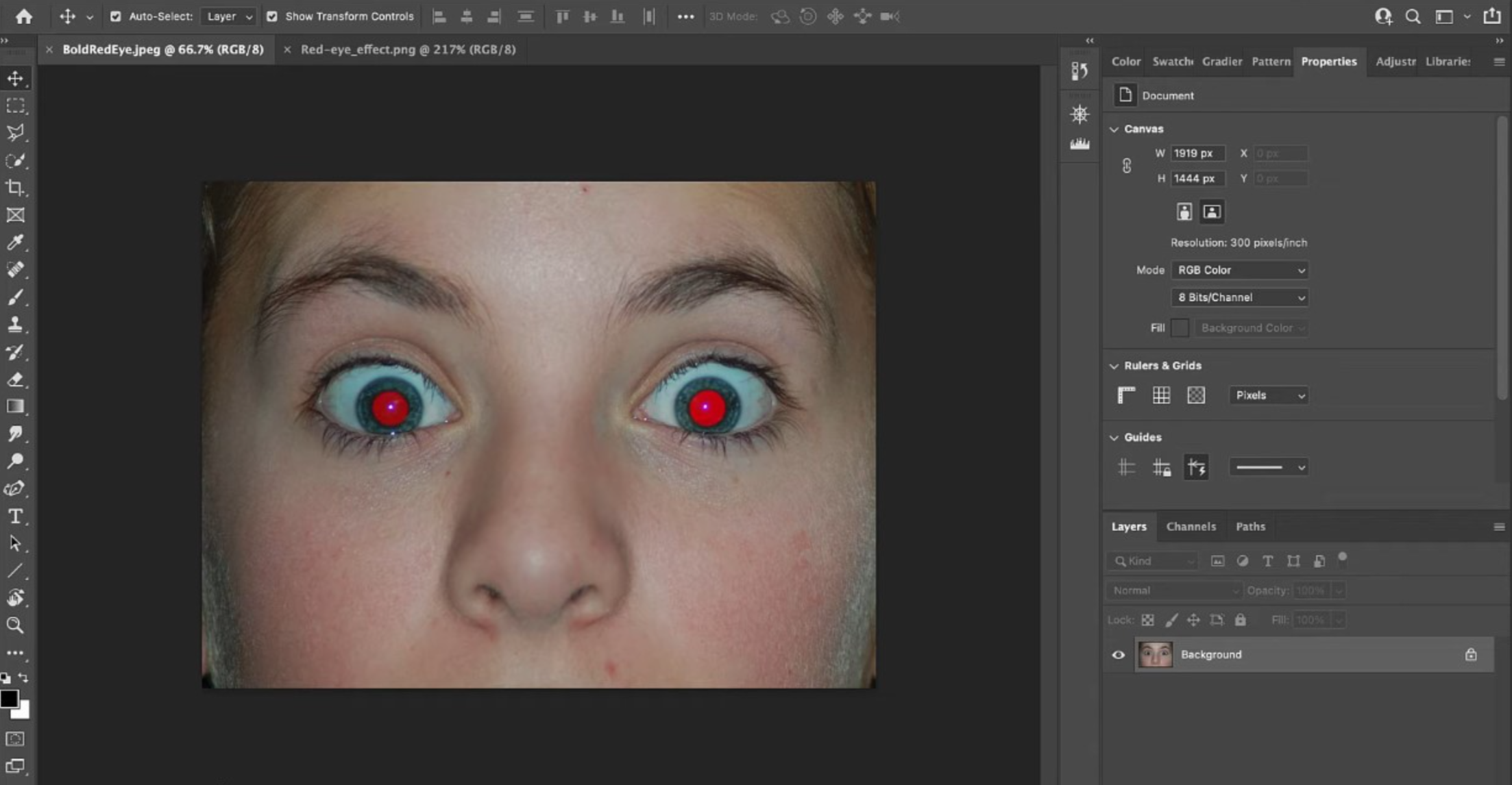 Upload an image to correct red eye in Photoshop