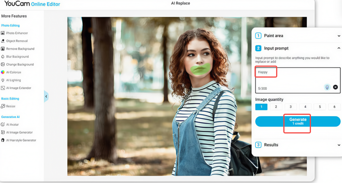 Selecione a IA ferramenta Substituir e escreva o prompt de entrada