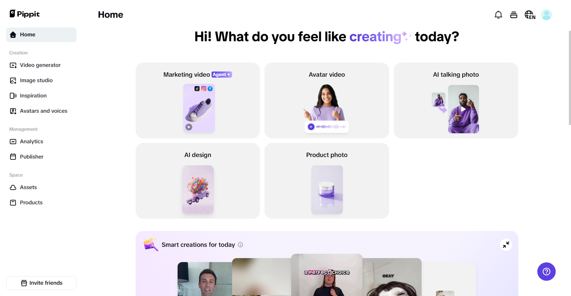 A interface do Pippit