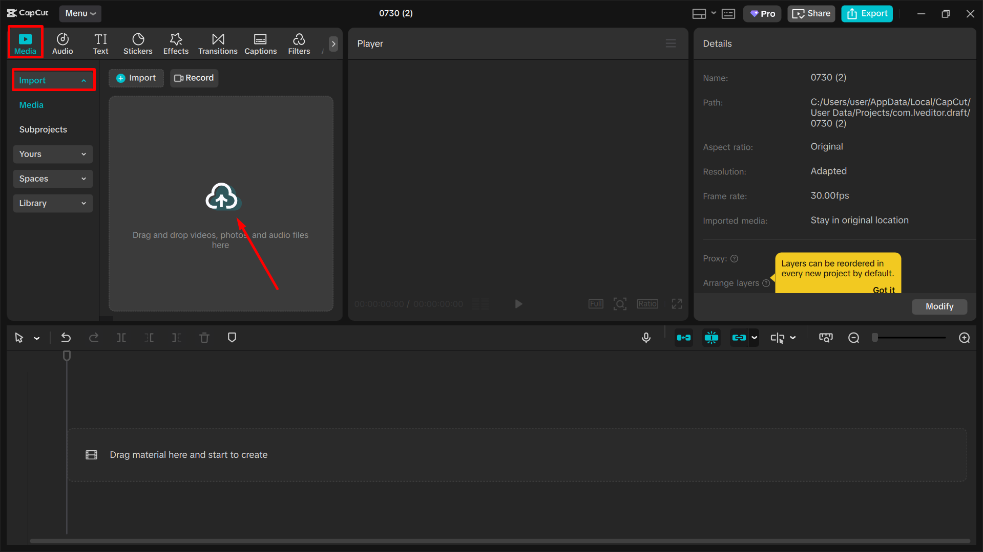 Uploading the image to the CapCut desktop video editor