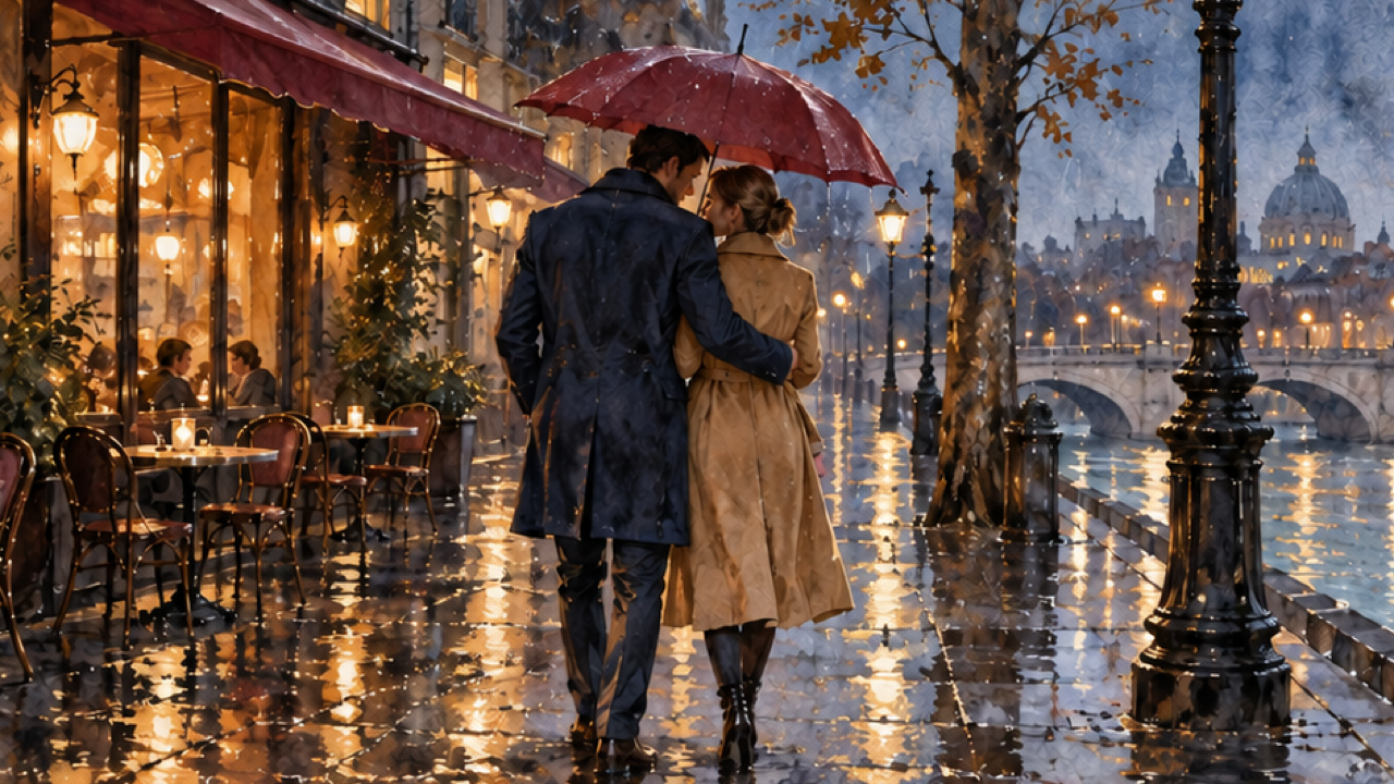 16:9 cinematic watercolor adult couple beneath burgundy umbrella, camel and indigo coats, amber café reflections on rainy pavement, slate-blue evening washes and visible cold-press paper texture.