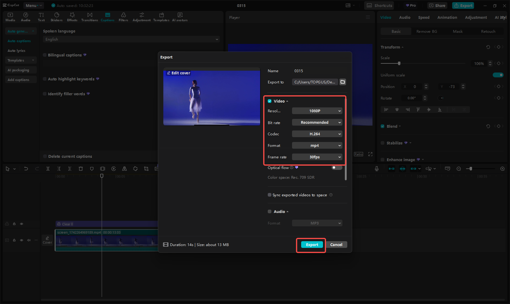 Exporting the video in CapCut