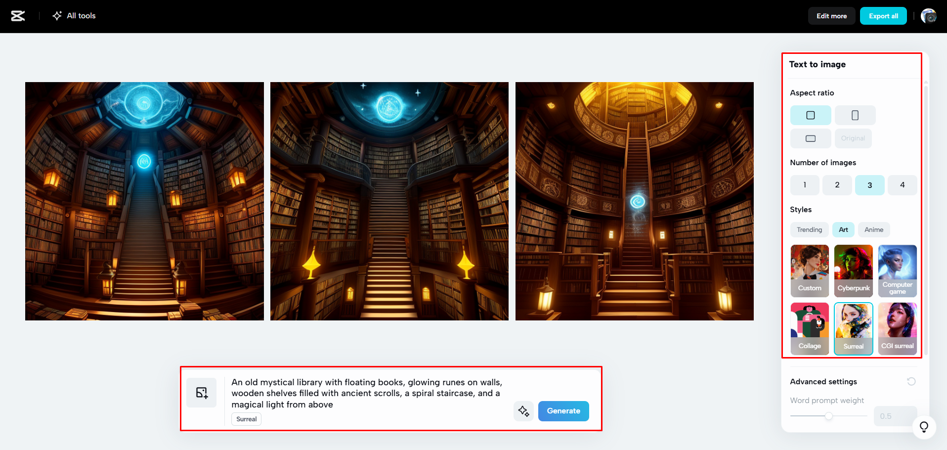 Converting the prompt to image in CapCut Web