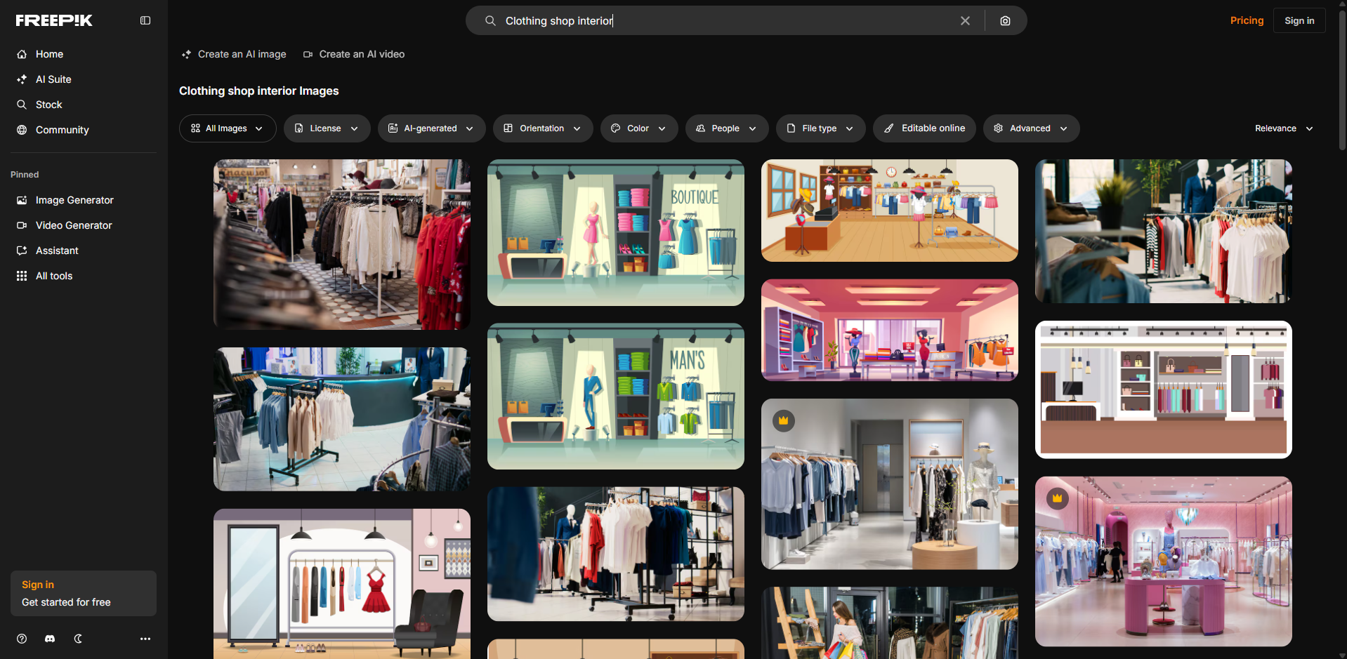 Interface of Freepik - another resource for clothing shop interior design