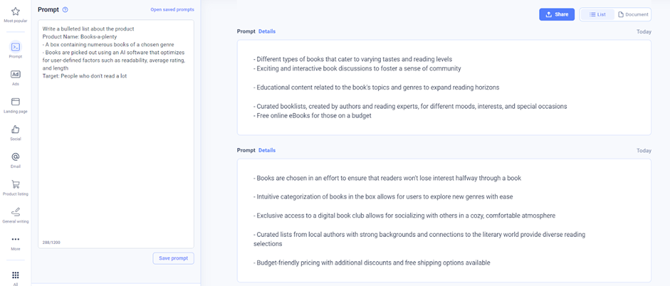 Anyword AI content generator interface showcasing content creation options