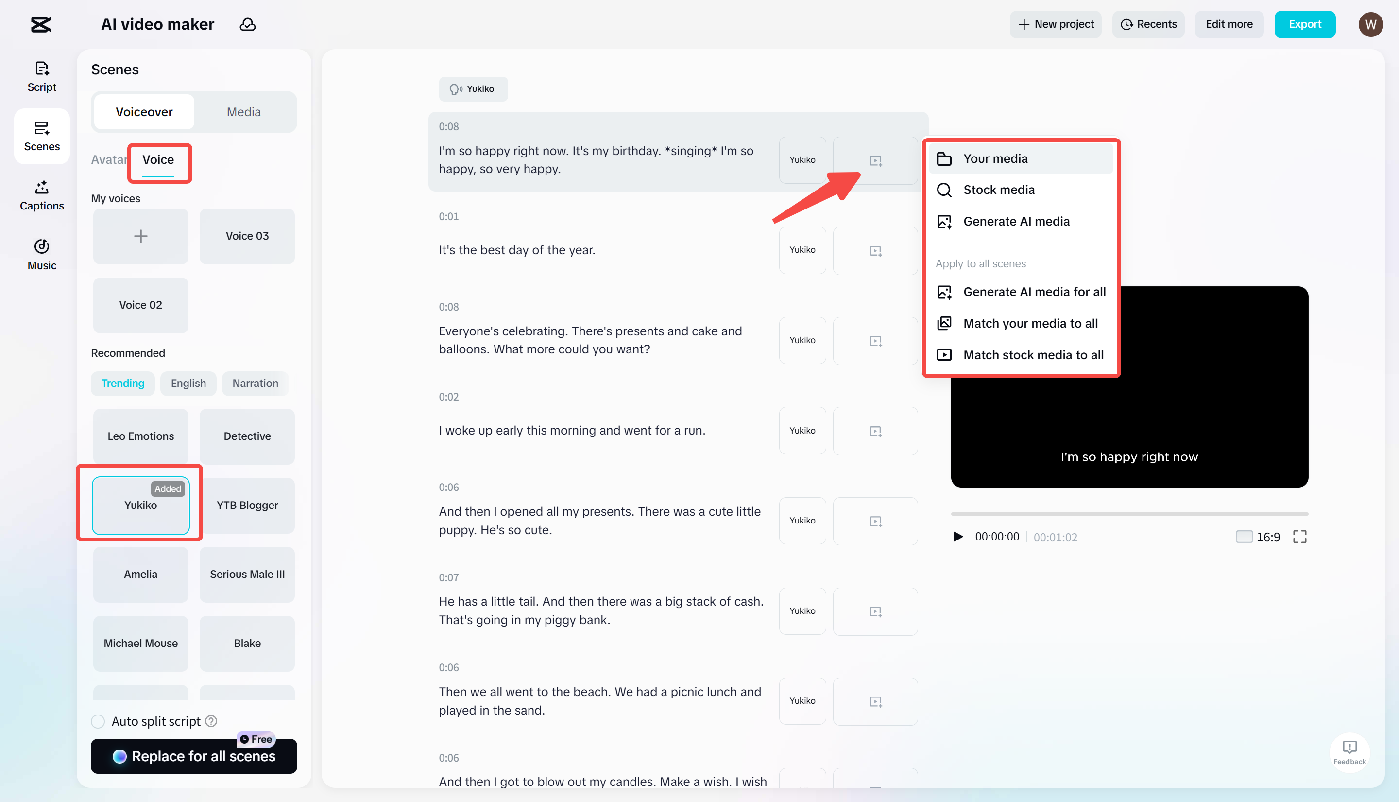 Adding voiceover to video using CapCut's AI video maker