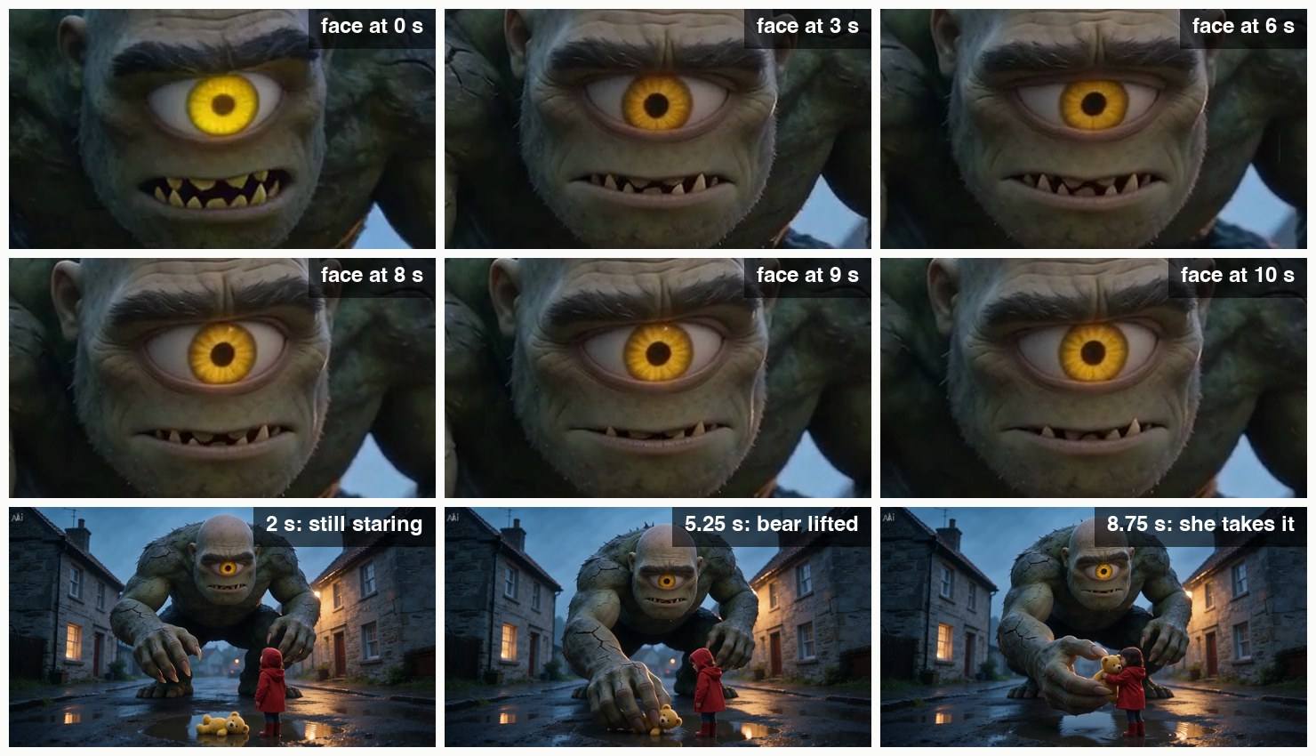 Top two rows: the giant's face at 0, 3, 6, 8, 9 and 10 seconds of the ten-second clip, the brow low and teeth bared in each. Bottom row: the giant still staring at 2 seconds, lifting the bear out of the puddle at 5.25 seconds, and the girl taking the bear at 8.75 seconds.