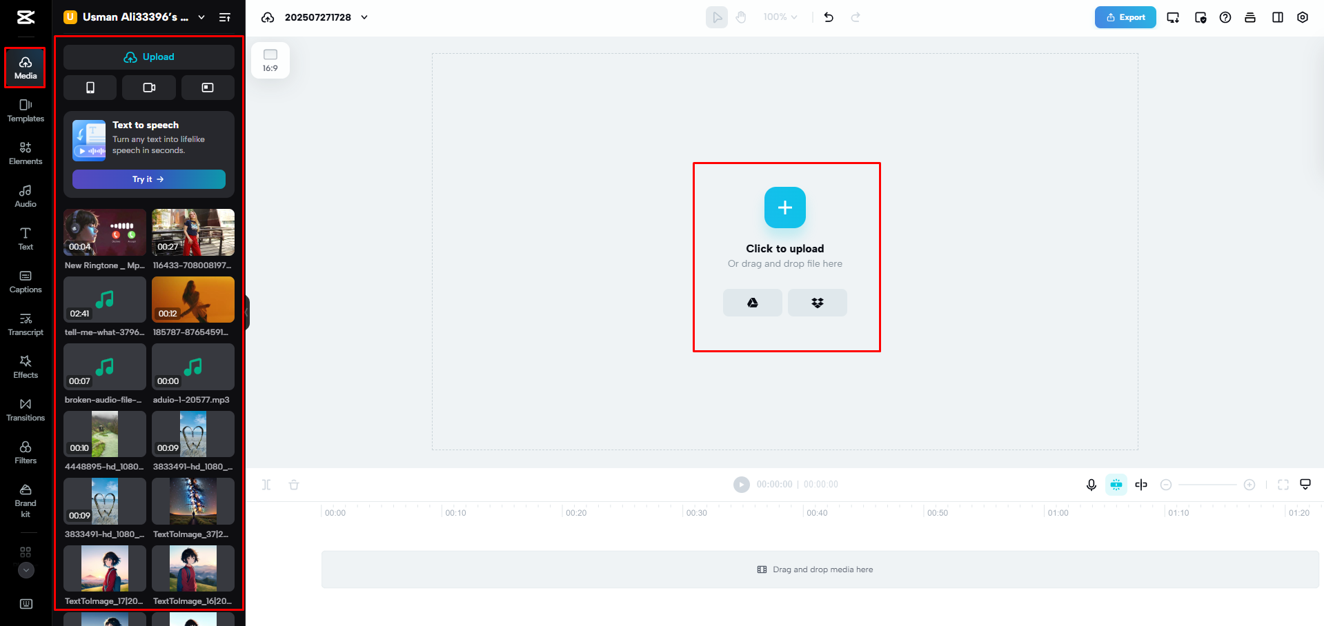 Uploading a video to CapCut Web