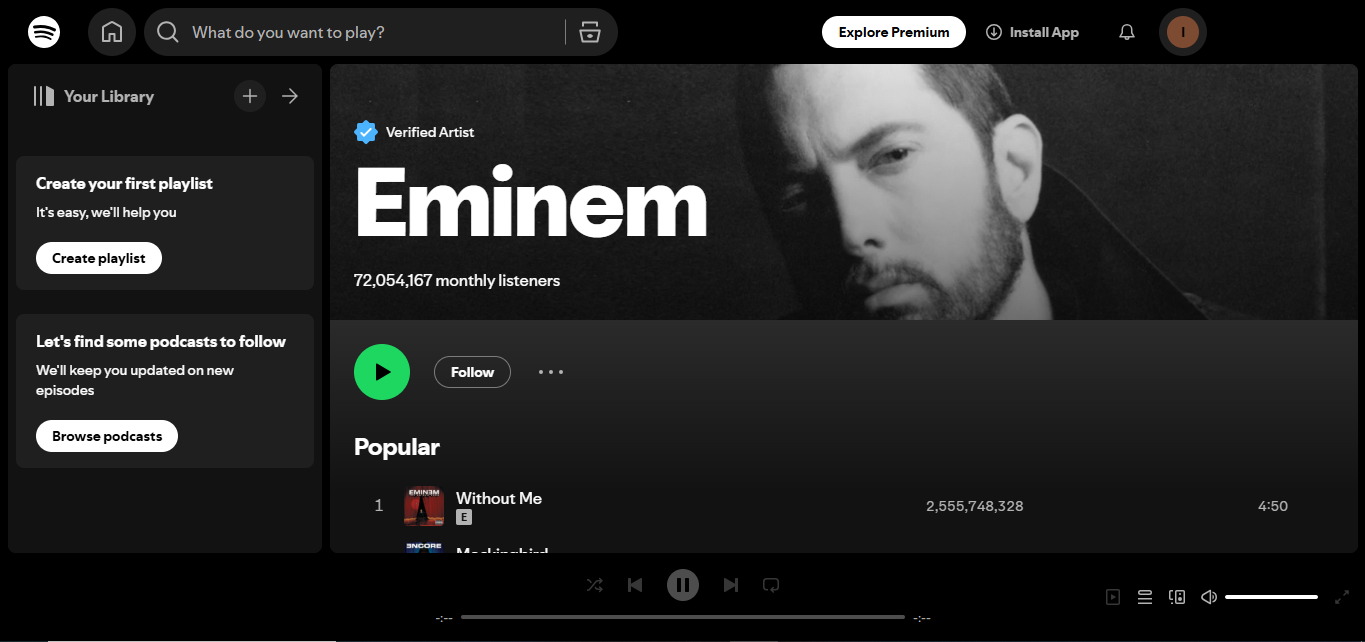 에미넴 - 힙합에서 스포티파이에서 가장 많이 팔로우하는 아티스트