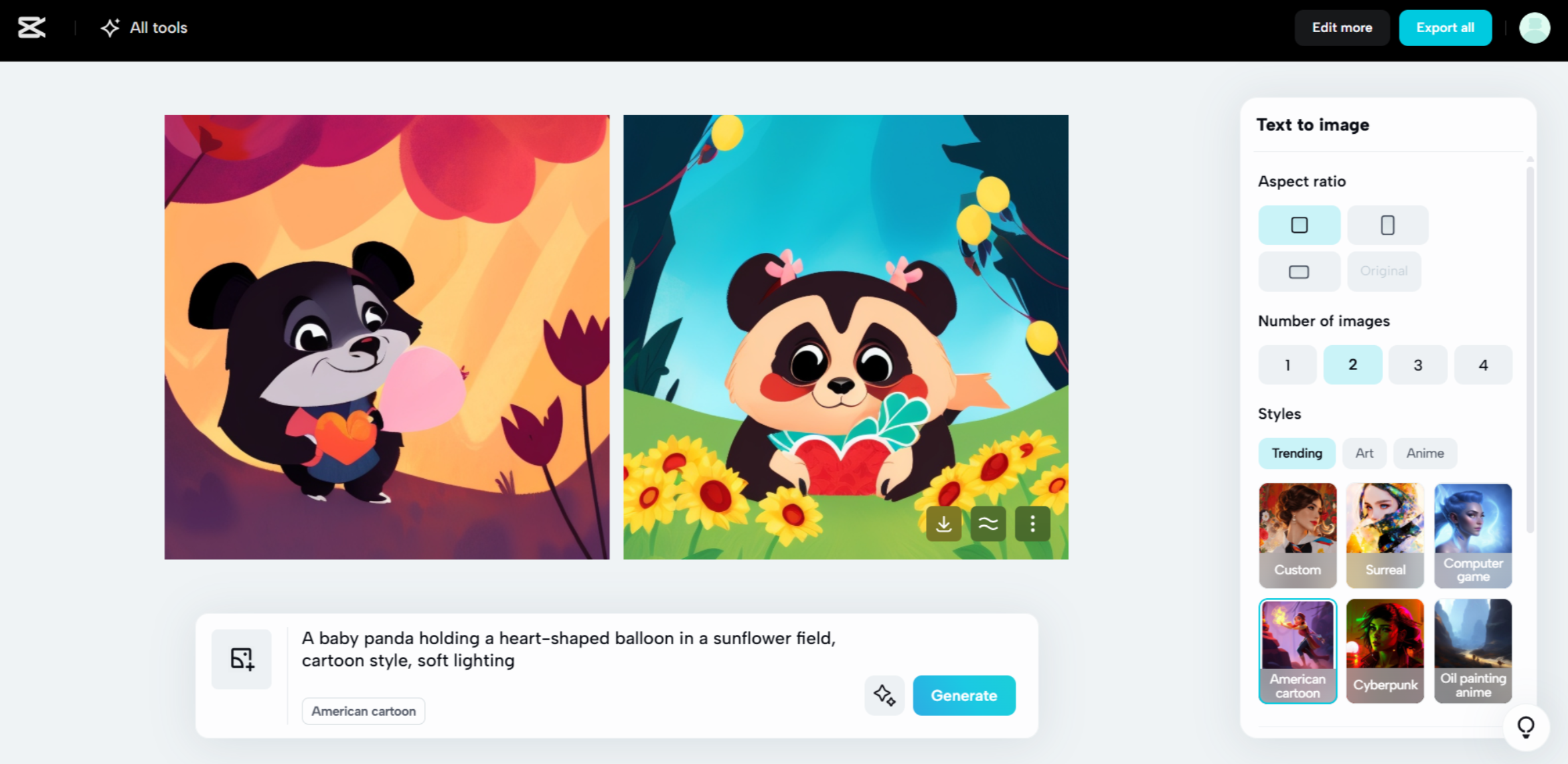 Interface of CapCut's AI image generator