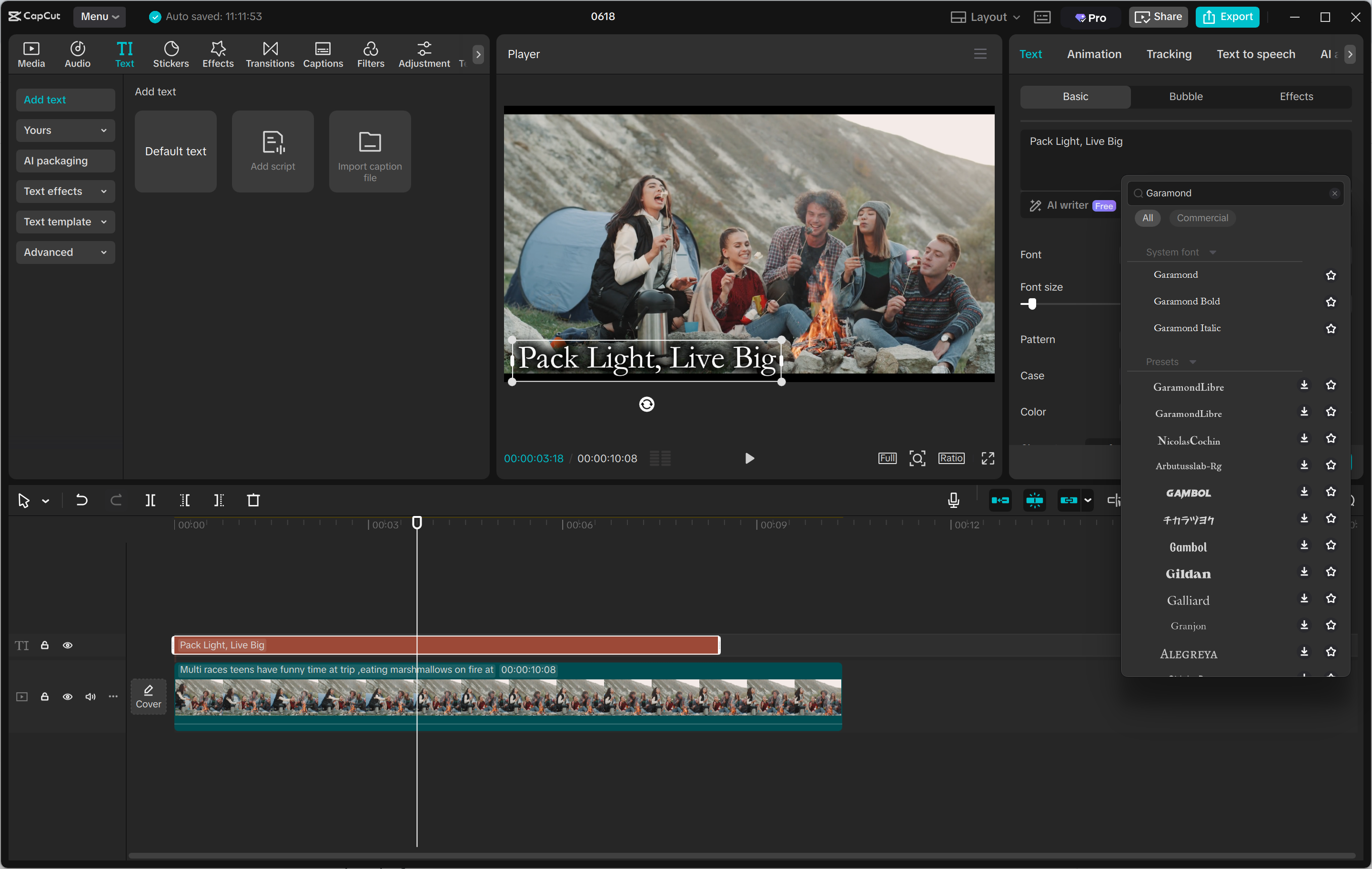 Interface of the CapCut desktop video editor - a quick way to add Garamond font to videos