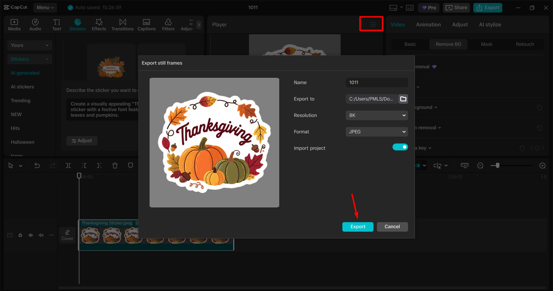 Exporting the video from the CapCut desktop video editor