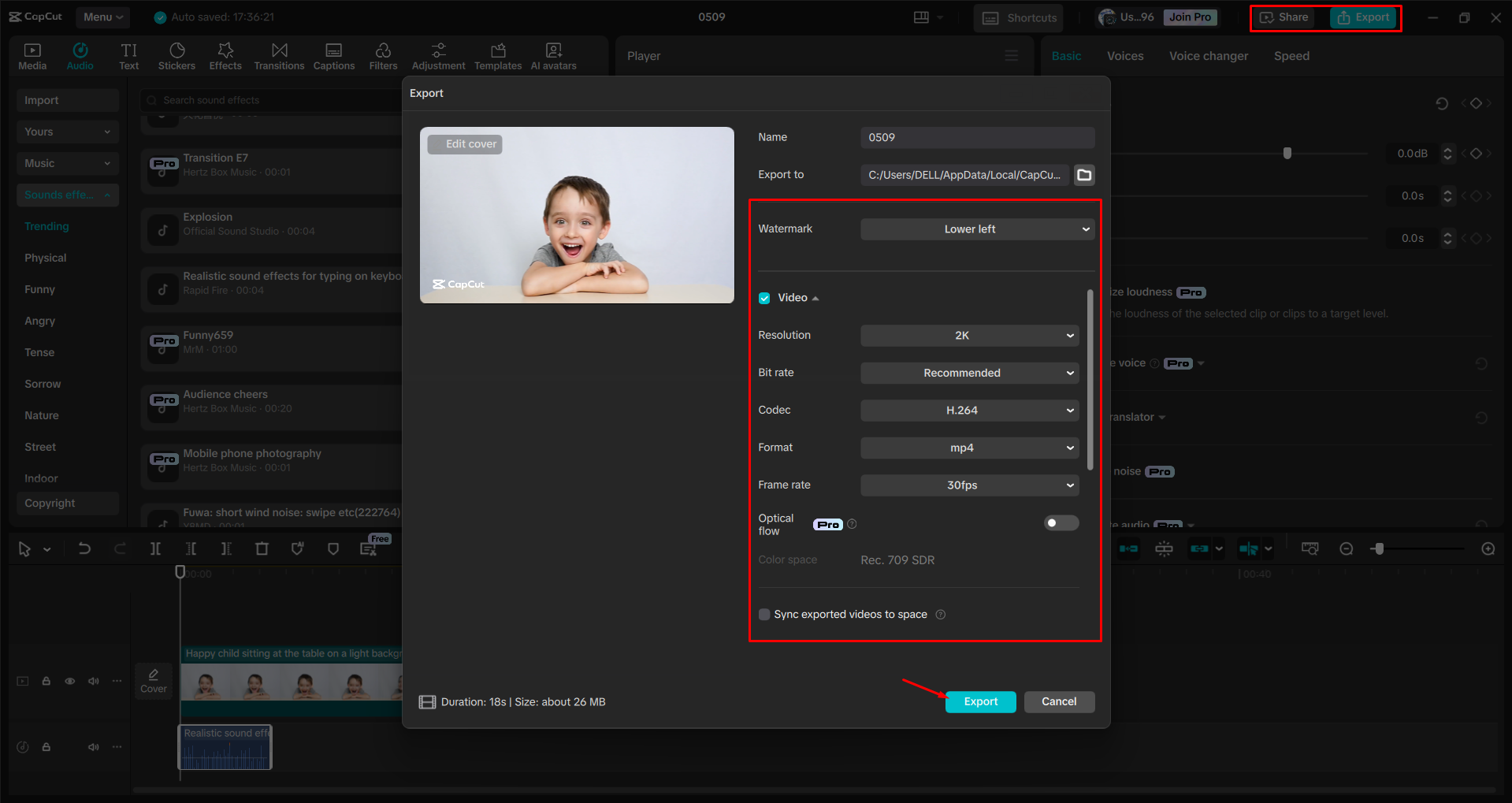 Exporting a video from the CapCut desktop video editor