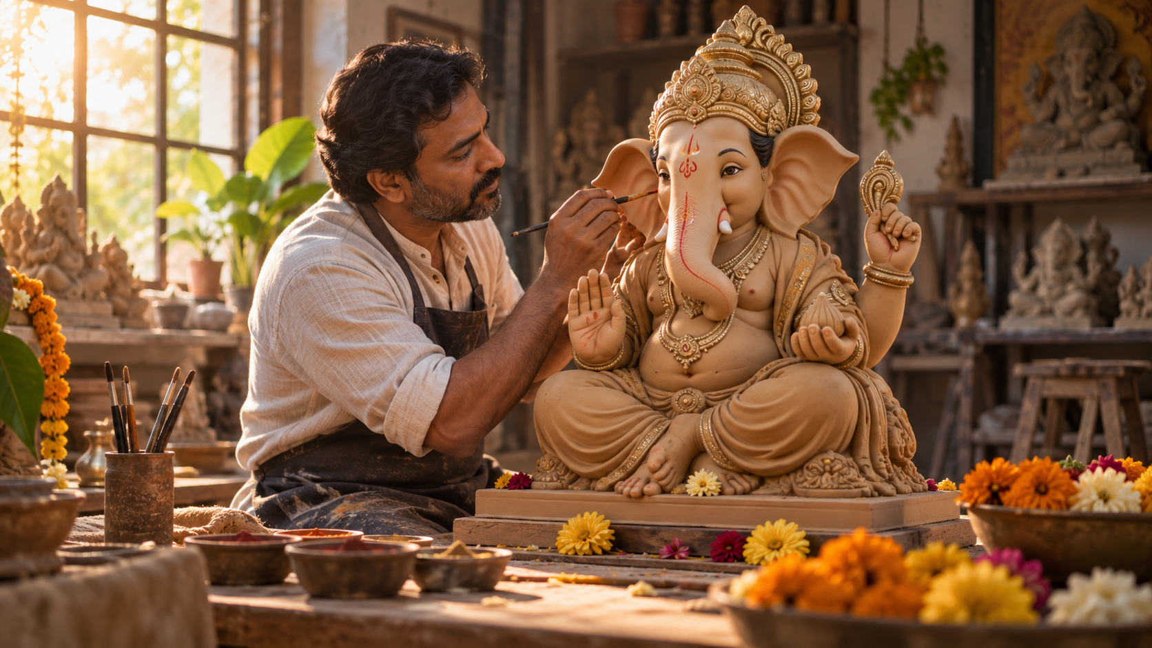 Ganpati Bappa AI video prompt: Artisan Finishing the Idol