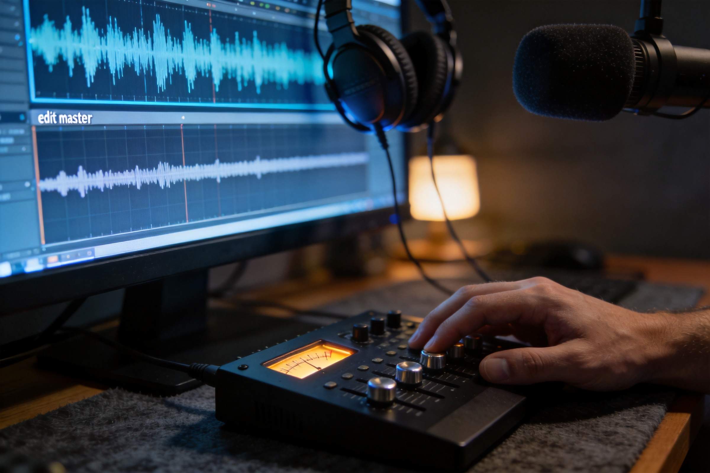 Audio waveform on a monitor with headphones, microphone, and a hand adjusting a mixer