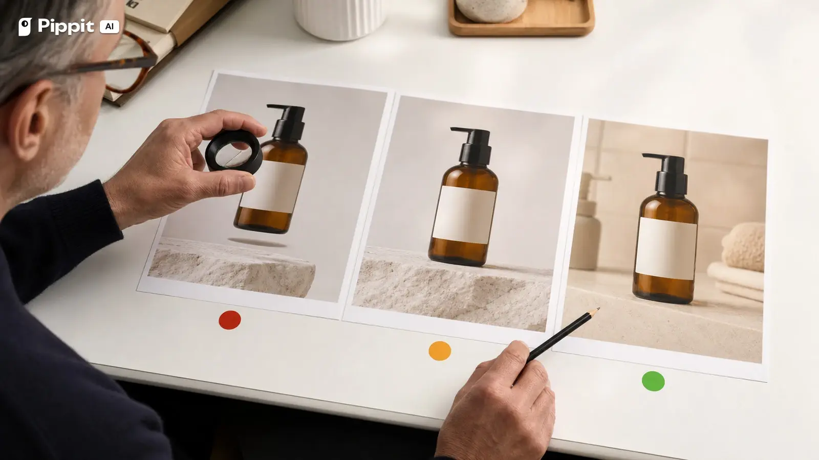 A reviewer compares a floating bottle, corrected contact shadow, and approved final set.