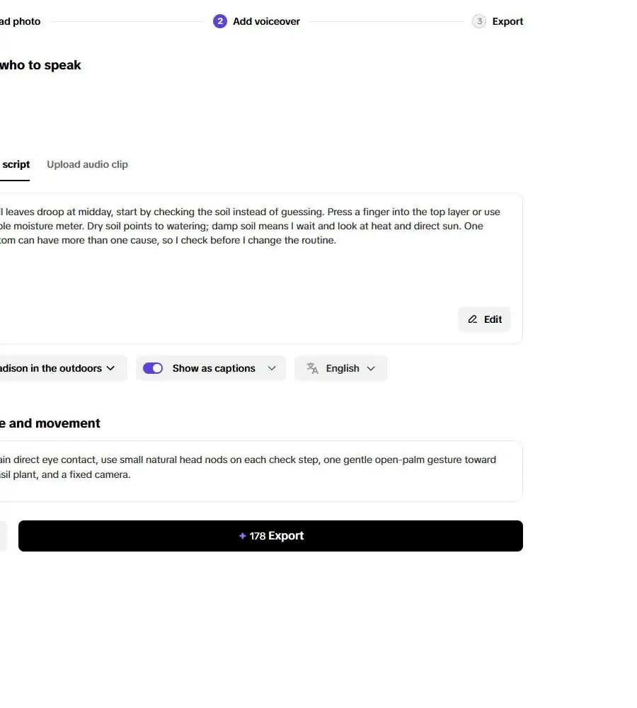 CapCut voiceover-redigerare med manus text, undertextväxlare, språklista och Exportera-knapp.