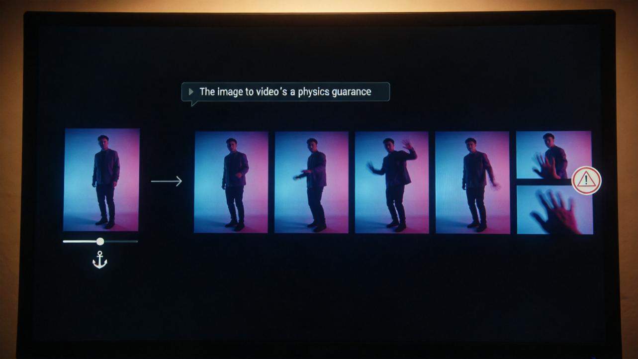 AI physics comparison with a man in pose sequence and a warning icon on the right