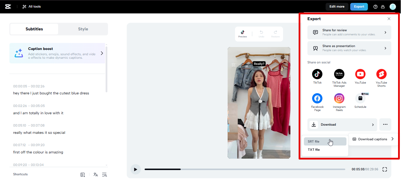 Exporting captions from CapCut Web