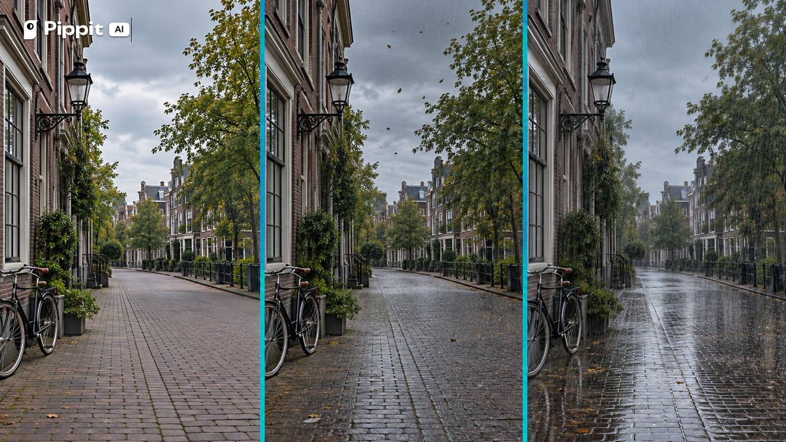 The same empty city street changes gradually from dry overcast weather to steady rain.