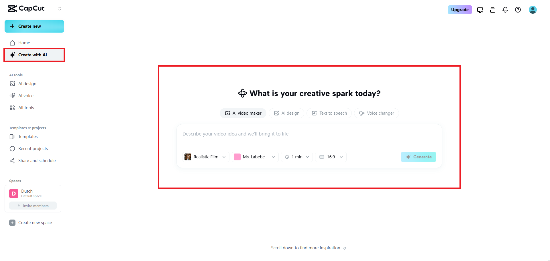 Choose the AI video maker feature