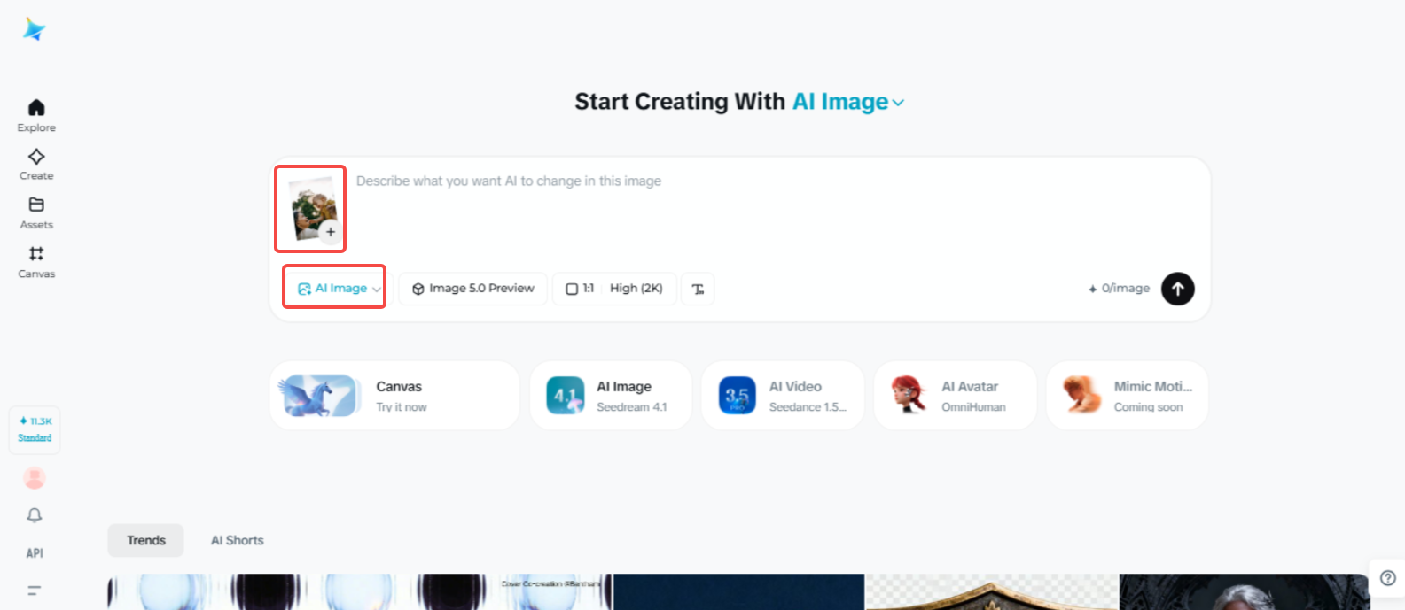 Accessing the "AI Image" feature in Dreamina