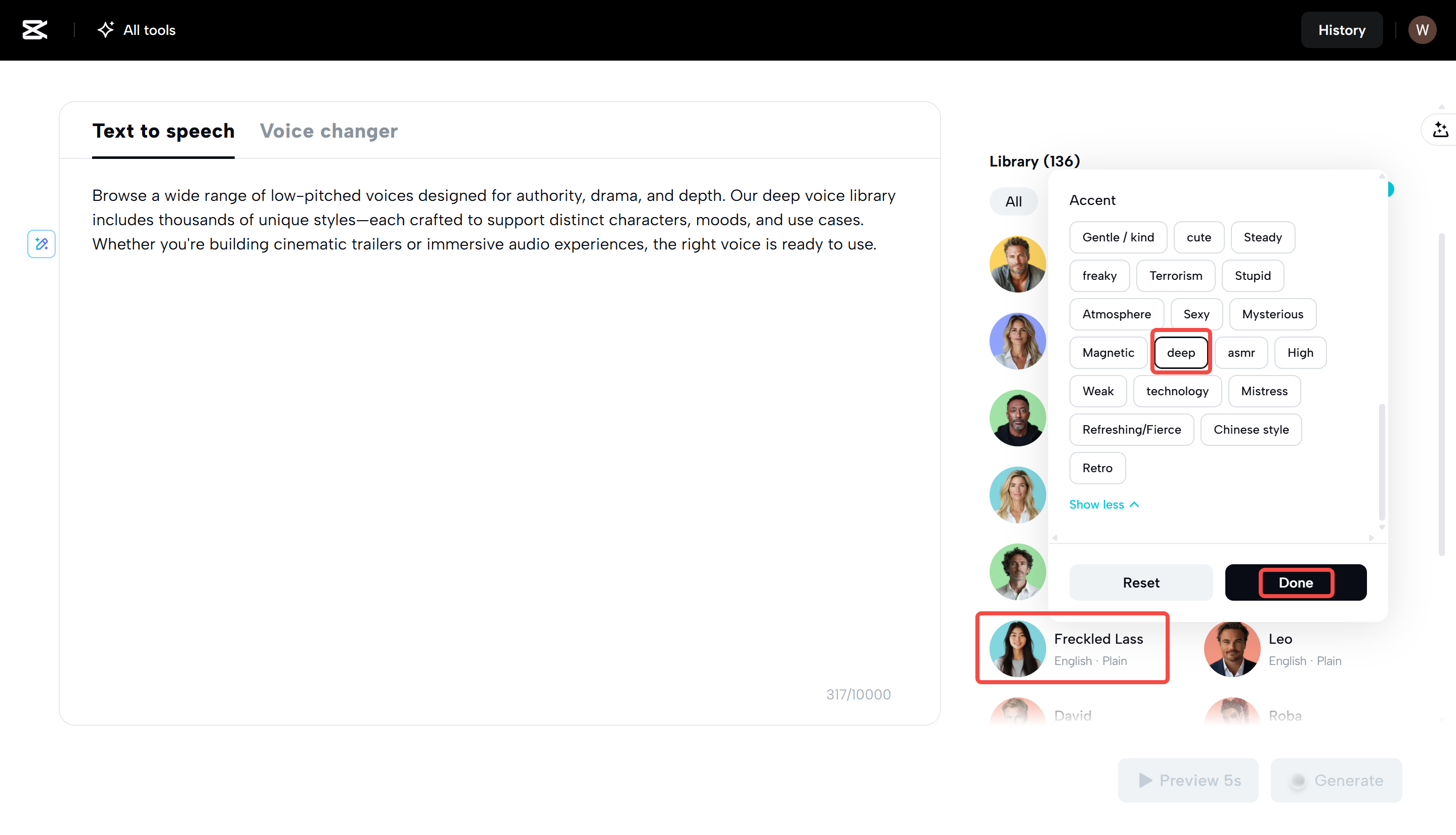 Select a deep voice using CapCut Web