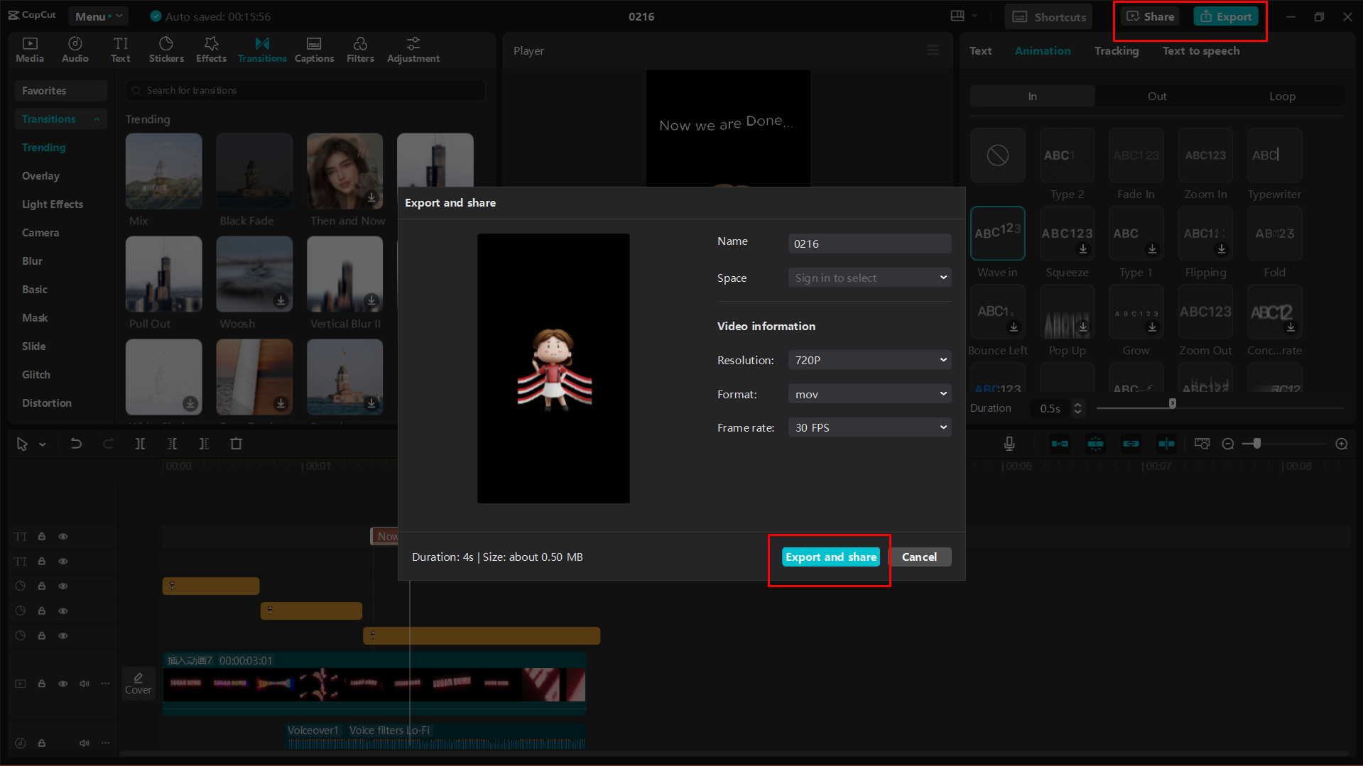Exporting or sharing the video from CapCut